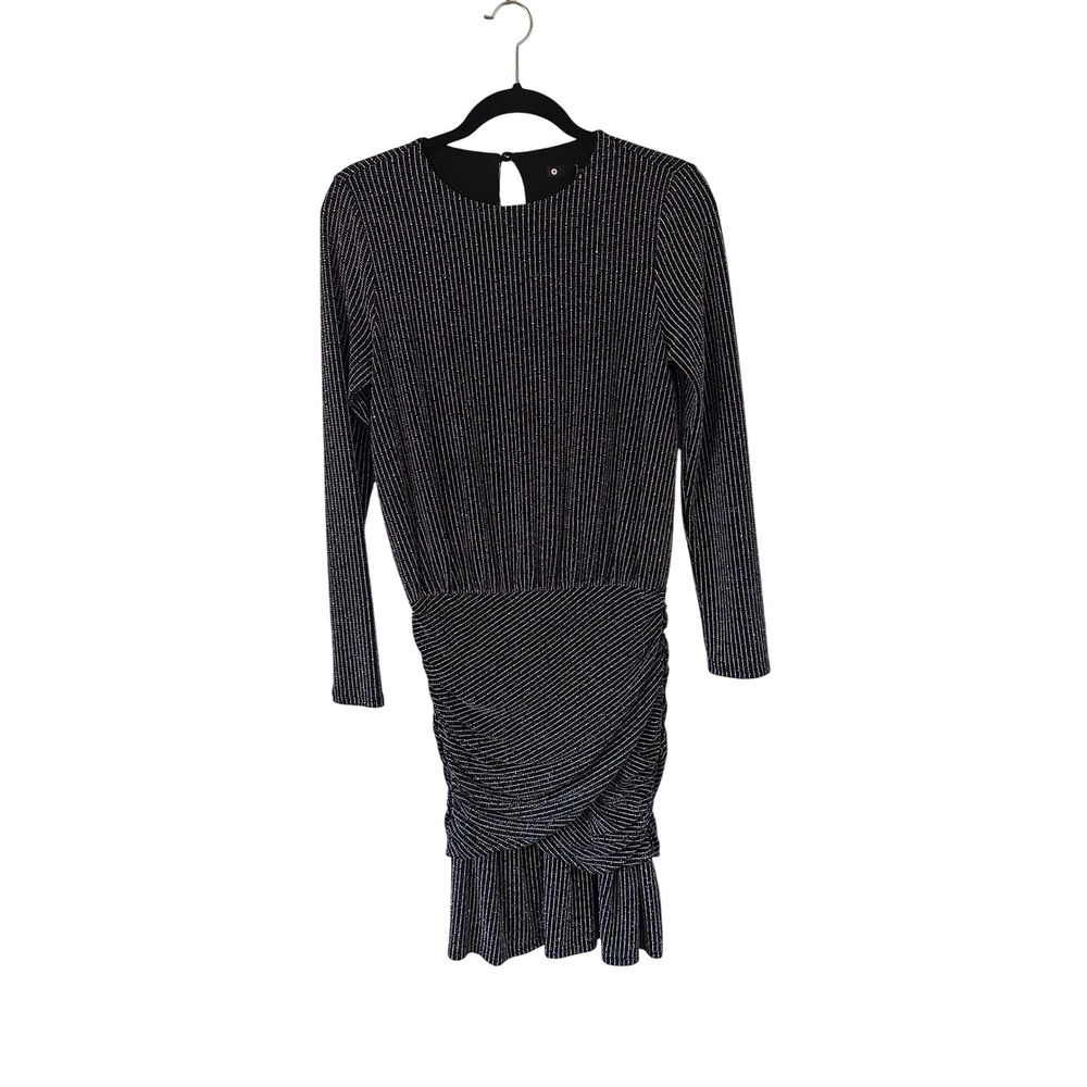 Krisa Black Metallic Stripe Ruched Draped Long Sleeve Mini Dress Size S PartYNYE